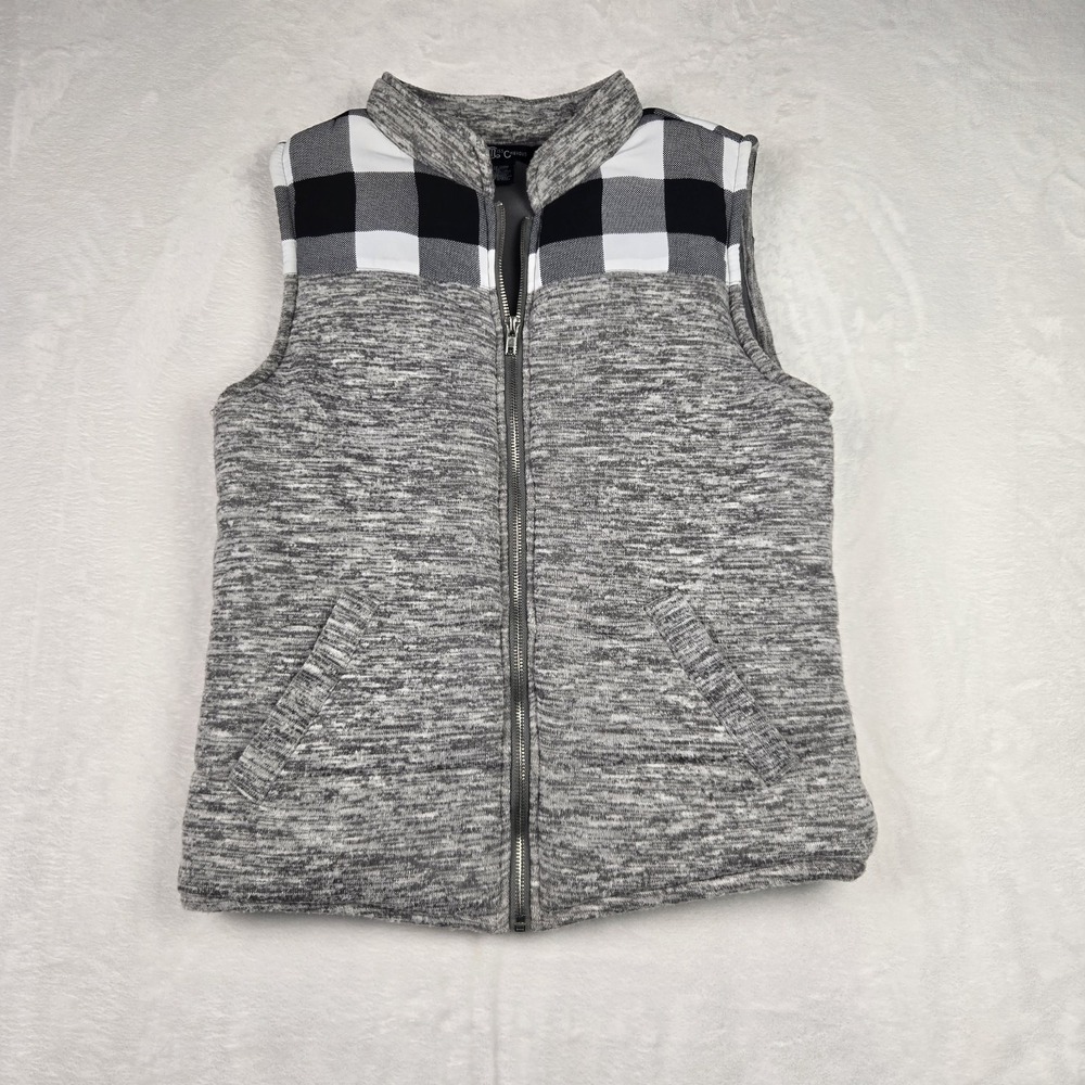 MissChievous Women's Gray Puffer Vest Medium Black White Buffalo Plaid‎